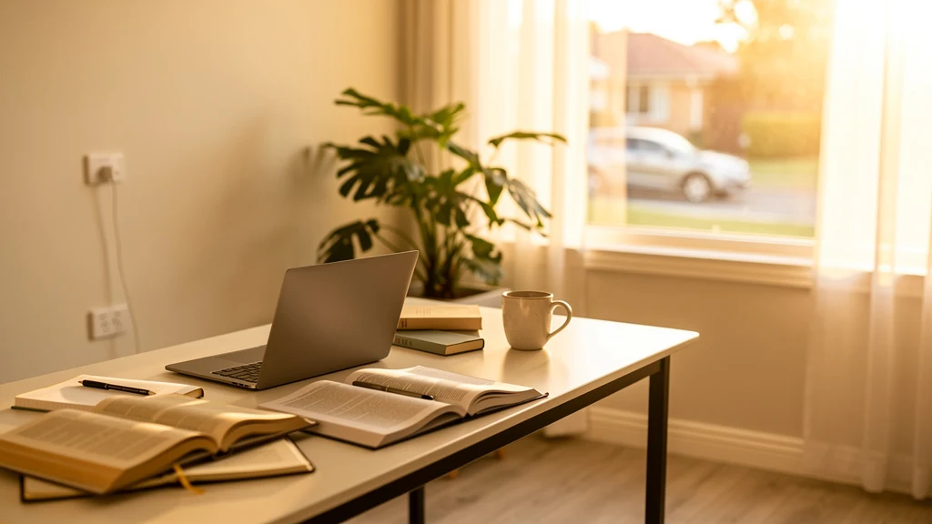 Warm study setup with books and a laptop, representing private tutoring in Epping